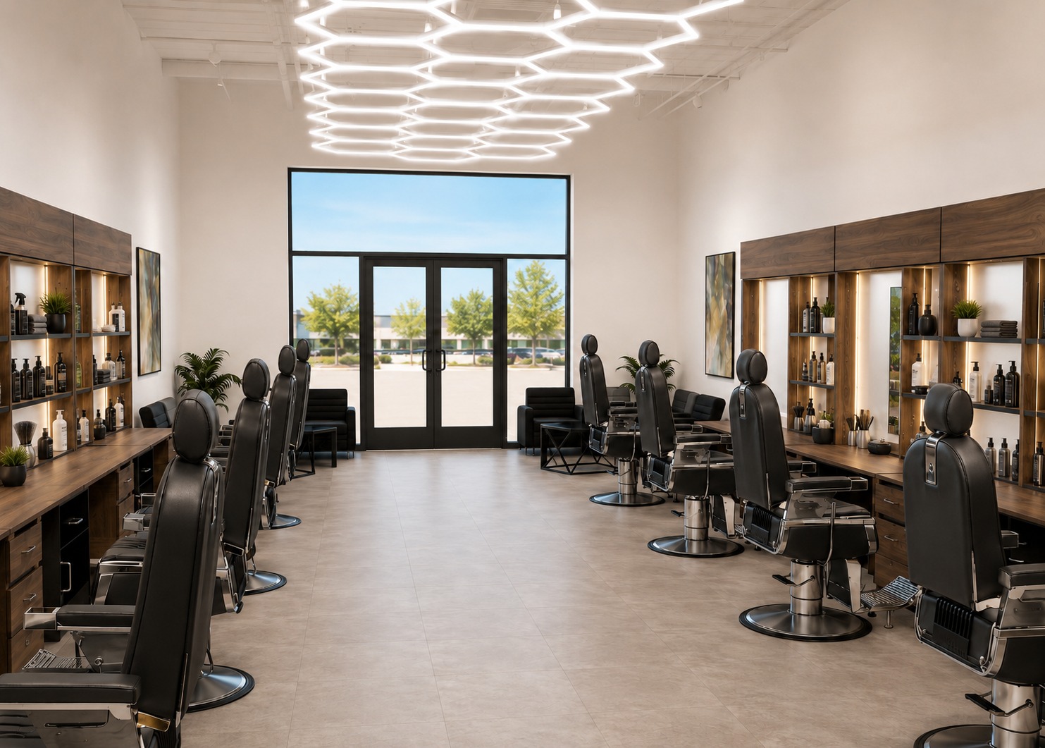 Bright main floor with barber stations along both walls and glass entry doors