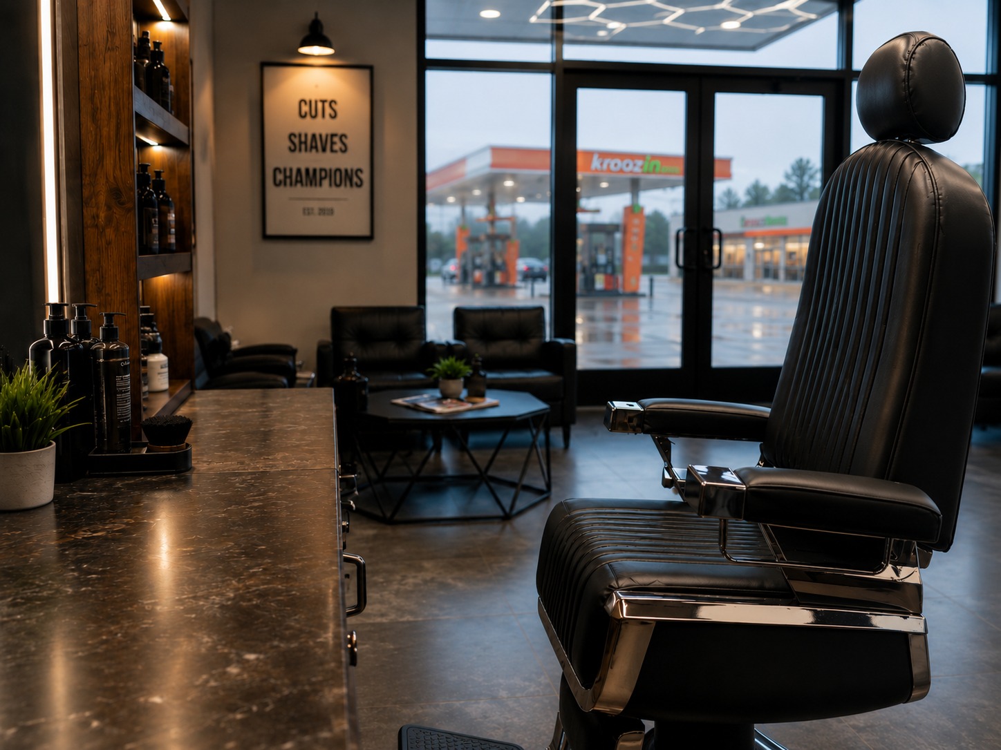 Client lounge with a 'Cuts · Shaves · Champions' sign, looking out to the street