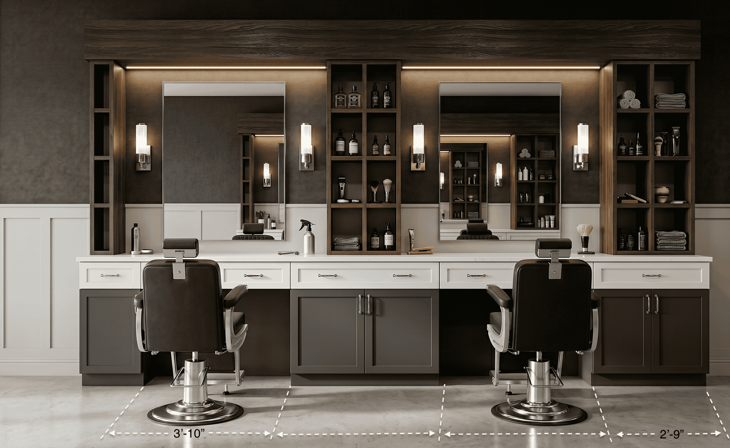 Barber station — a 3 foot 10 inch mirrored work station next to a 2 foot 9 inch storage cabinet